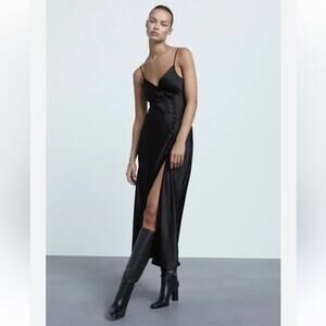 Zara Black Satin Button Up Slit Midi Sleeveless Dress Size XS